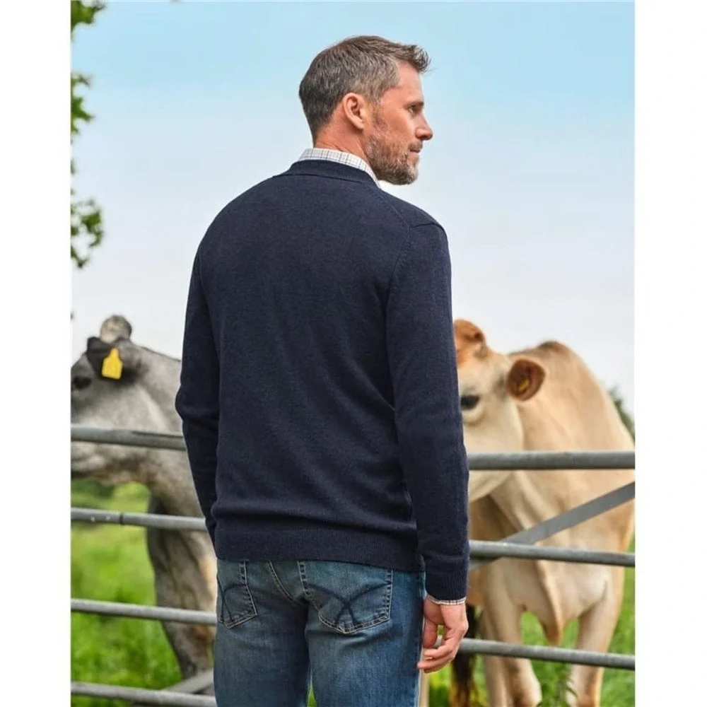 WoolOvers‎ Mens Lambswool V Neck Cardigan Size Large Navy Preppy Classic *FLAW*